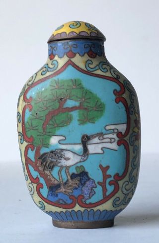 Antique Chinese Cloisonné On Copper 3” Snuff Bottle With Cranes