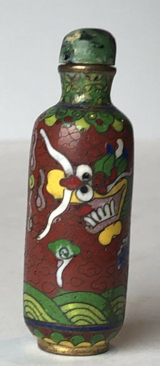Antique Chinese Cloisonné On Brass 2 3/8” Snuff Bottle With Dragon