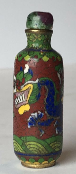 Antique Chinese Cloisonné On Brass 2 3/8” Snuff Bottle With Dragon 2