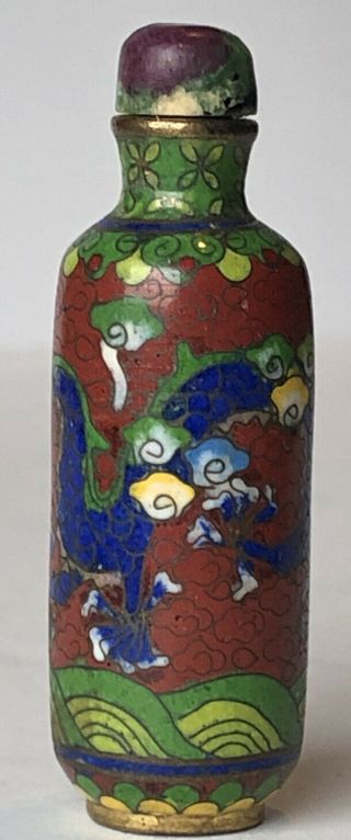 Antique Chinese Cloisonné On Brass 2 3/8” Snuff Bottle With Dragon 3