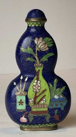 Antique Chinese Cloisonné On Brass 3” Snuff Bottle With Vases & Flowers