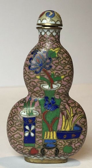 Antique Chinese Cloisonné On Brass 3” Snuff Bottle With Flowers And Vases 2