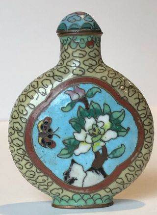 Antique Chinese Cloisonné On Copper Snuff Bottle Flowers And Butterfly Design