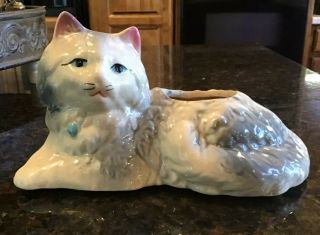 Vintage Persian Gray White Kitty Cat Planter With Blue Bow Blue Eyes Pink Ears