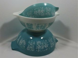Vintage Pyrex Amish Butterprint Cinderella Mixing Bowl Set/3 Turquoise/white