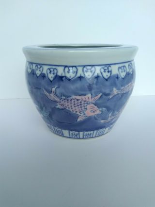 Chinese Antique Blue And White Porcelain Koi Fish Planter Flower Pot Cachepot