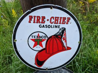 Old Vintage 1951 Texaco Star Fire - Chief Gasoline Porcelain Gas Station Pump Sign