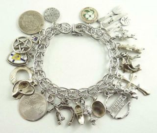 Vintage Sterling Silver Charm Bracelet With Safety Clasp & 22 Charms