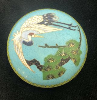 Chinese Cloisonné Circular Box And Cover Blue With Crane 3