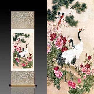 Chinese Silk Scroll Painting Crane Home Office Decoration (富贵仙鹤)