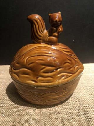 Vintage Brown Glazed Walnut Ceramic Covered Nut Candy Dish With Squirrel Knob