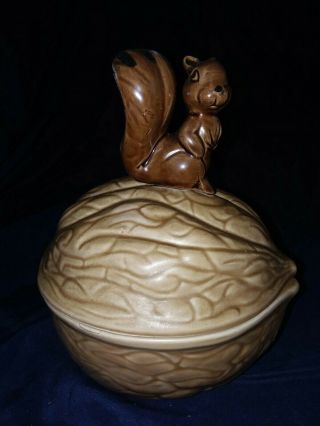 Vintage Ceramic Squirrel On Walnut Lidded Dish Bowl Candy Nuts
