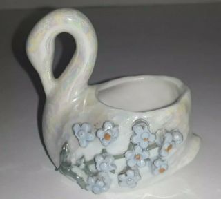 Swan Toothpick - Ring Holder With 3 - D Flowers - Vintage Ceramic - Porcelain Germany