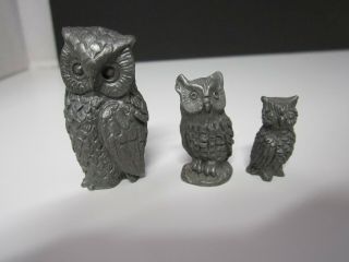 Vintage Miniature Pewter Owls Figurines Set Of 3