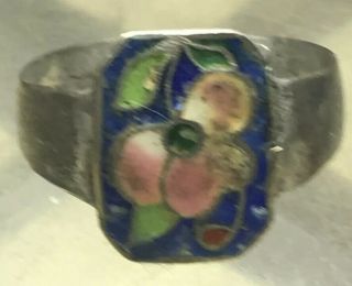 Antique Chinese Ring Silver & Enamel Flowers Signed Size 7