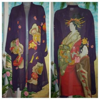 Chinese Silk Robe Or Over Coat Oriental Print One Size Sheer/see Thru