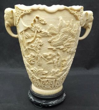 Large Chinese Style Soapstone Composite Vase With Elephant Handles & Black Base.