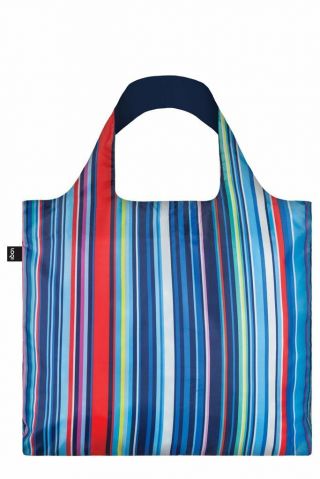 Loqi Grocery Shopping Reusable Tote Bag Washable Stripes Blue Fold