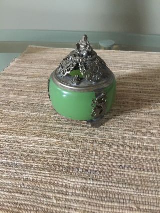 Chinese Tibetan Silver Carving Buddha Inlay Green Jade Incense Burner
