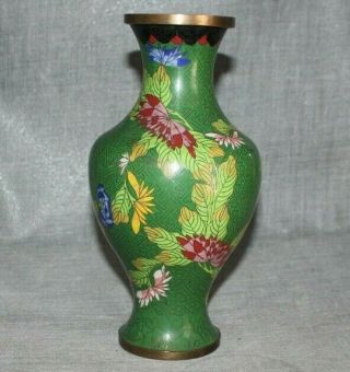 Antique Chinese Cloisonne Green Enamel Vase Brass Blue Red Pink Floral 9 1/4 "