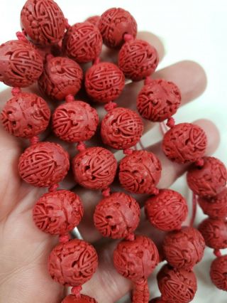 Estate Vintage Red Cinnabar Carved Asian 15 Mm Beads Necklace 30 