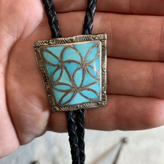 Vintage Native American Sterling Silver/ Turquoise Bolo Tie - Navajo Western Art