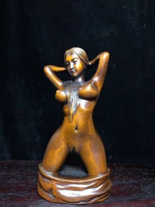 China Collectable Handwork Old Boxwood Carve Sexy Naked Busty Belle Noble Statue