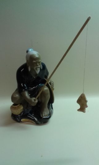 Shiwan Artistic Ceramic Factory Chinese Fisherman Figurine Mud Man Oriental Blue