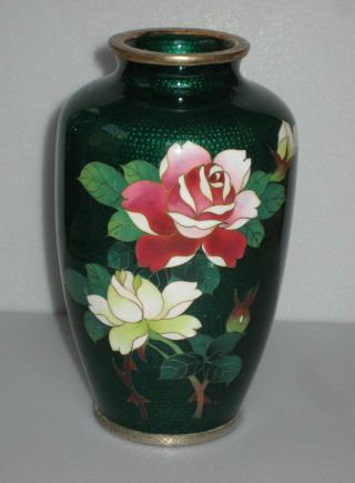 Vintage Japanese Ginbari Cloisonne Enamel Vase Roses On Emerald Green W/ Bamboo