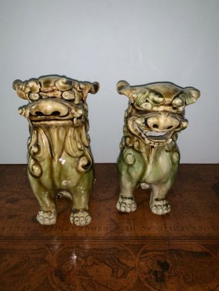 Vintage Pair Chinese Green Glazed Ceramic Pottery Foo Dog Lion Statue