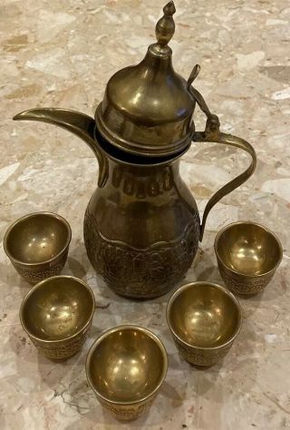 Vintage Brass Islamic Arabic Dallah Turkish Coffee Pot 5 Cup Set