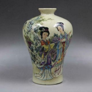 Old Chinese Porcelain Qing Tongzhi Marked Famille Rose Character Maid Vase 6.  6 "