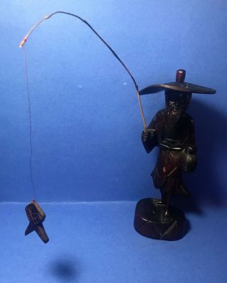 Vintage Asian Hand - Carved Teak Fisherman With Hat Pole And Fish 10 "