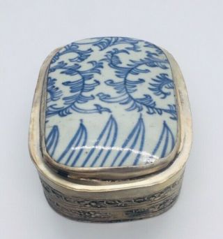 Antique Chinese Blue,  White Porcelain Shard Silver Plated Box