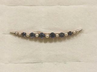 Antique 14k Yellow Gold & Platinum Sapphire & Pearl Crescent Moon Pin Brooch