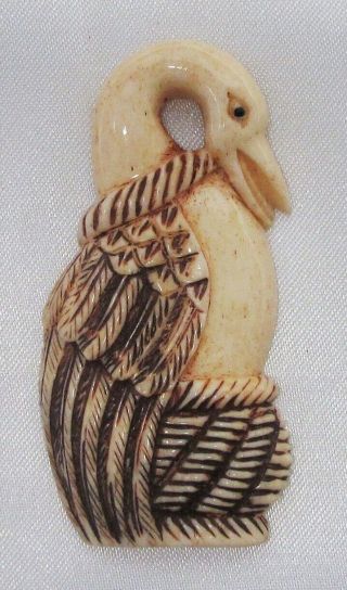 Netsuke,  Chinese (bovine) Bone Carving Of A Heron,  Engraved & Coloured Front