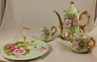 Vintage Lefton China Heritage Green Pink Roses Tea Set Hand Painted W/ Tidbit Pl