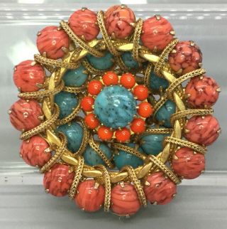 Vintage Signed Hattie Carnegie Cabachon Faux Turquoise & Coral Brooch