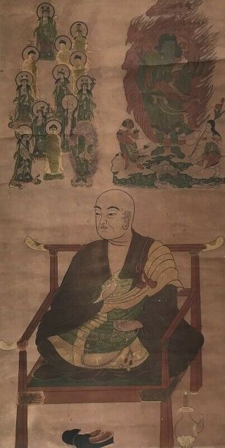Japanese Hanging Scroll Kakejiku Buddhist God Monk Print Antique T218