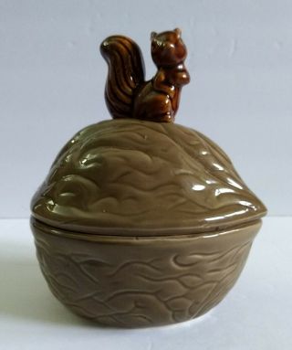 Vintage Ceramic Lidded Nut Dish Shaped Walnut With Brown Squirrel On Top