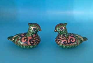 Vintage Asian Bird Pair Enameled Cloisonne Brass Trinket Boxes