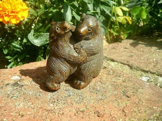 Hand Carved Wood Netsuke Bear Pair Fighting Collectable Boxwood Animal Figure
