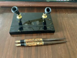 2x Vintage Parker Duofold Jr Lucky Curve Fountain Pens - Desk Set