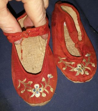Antique Chinese Pair Embroidered Silk Childs Baby Shoes
