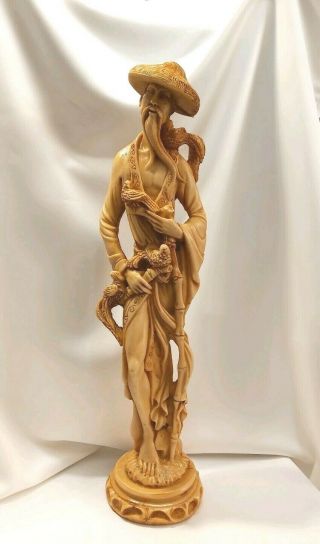 Chinese Or Japanese Sculpture Of Man Holding Birds Resin Large Statue