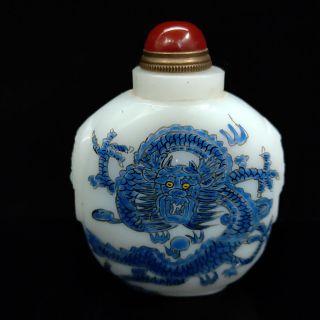 Chinese Antique Glass Blue Dragon &phoenix Pattern Snuff Bottle Qian Long W Mark
