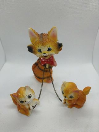 Vintage Japan Porcelain Cat W/kittens Tiger Colored Chained