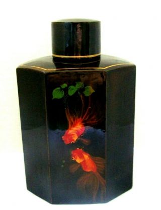 Vintage Chinese Tea Caddy Black Lacquer With Goldfish