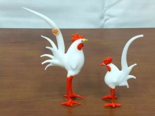 Vintage Red Ball Brand Japan Miniature Art Glass Rooster Hen Chicken Figurines