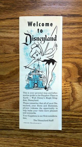 Rare 1956 " Welcome To Disney " Disneyland Guide Map Brochure With Tinker Bell